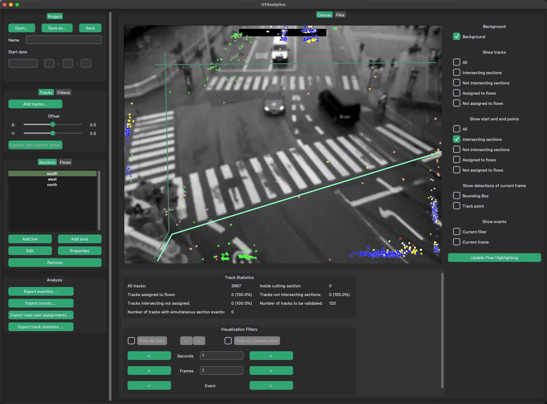 Show start- and endpoints of tracks intersecting the selected sections