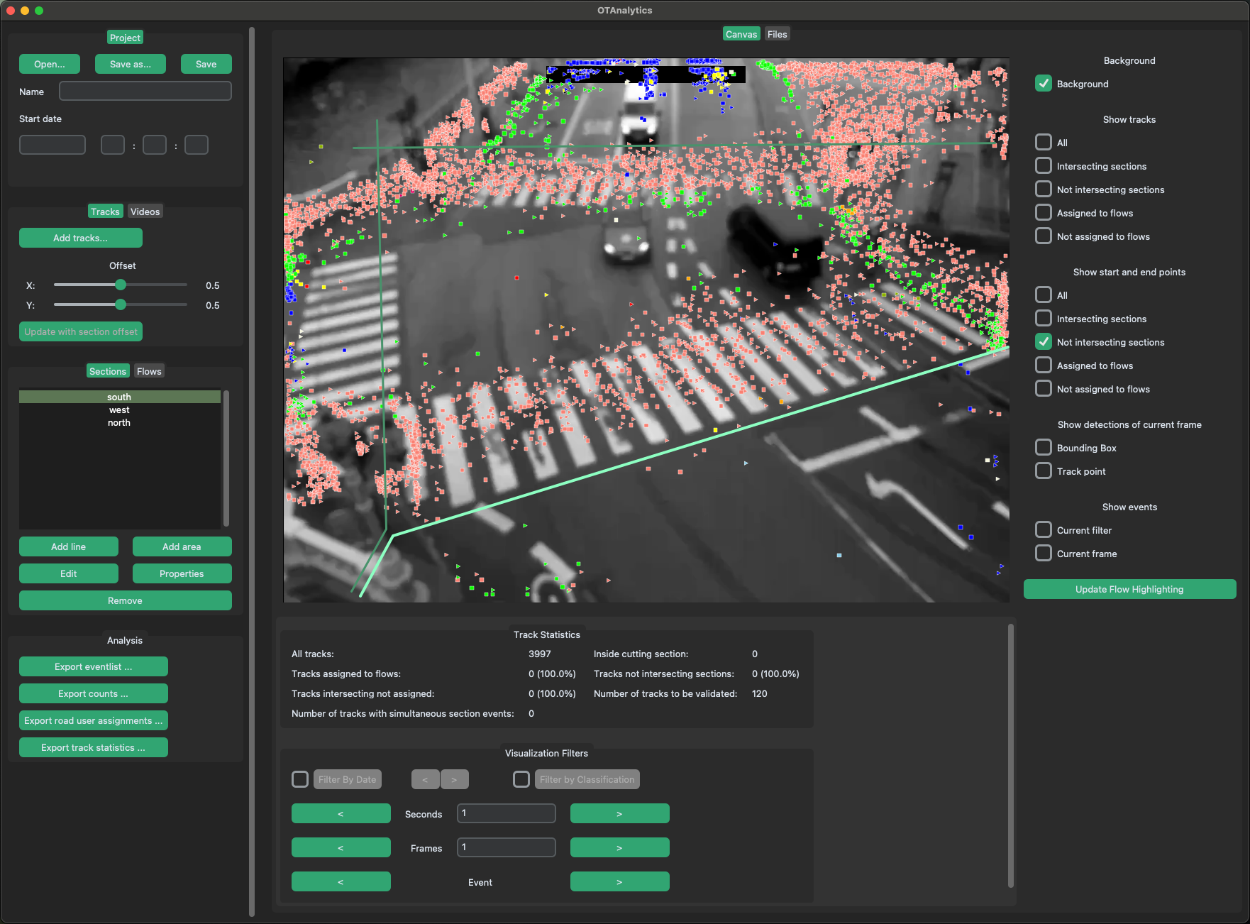 Show start- and endpoints of tracks not intersection the selected sections