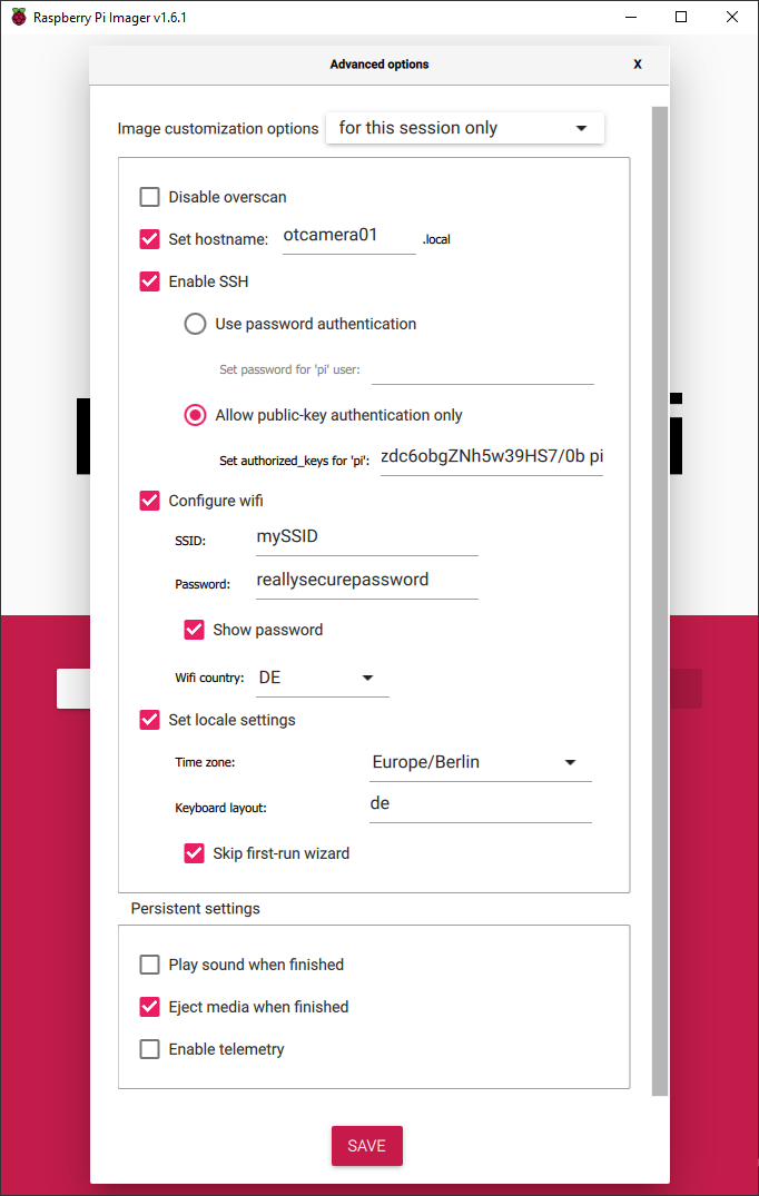 Raspberry Pi Imager advanced settings